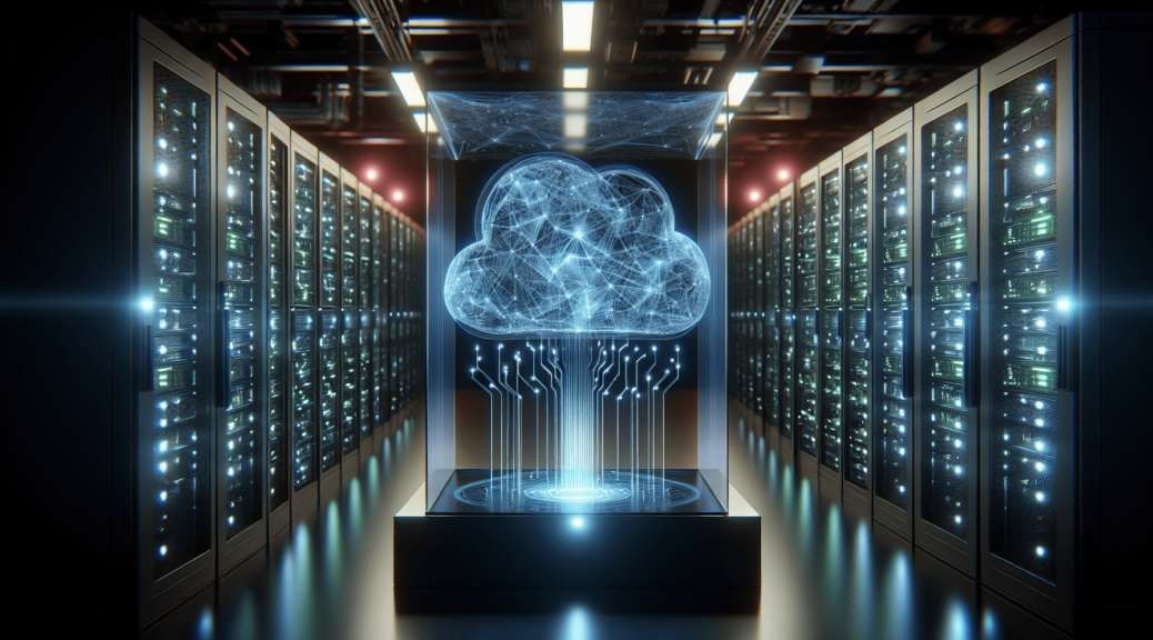 Holographic representation of a cloud surrounded by server racks in a dimly lit data center.