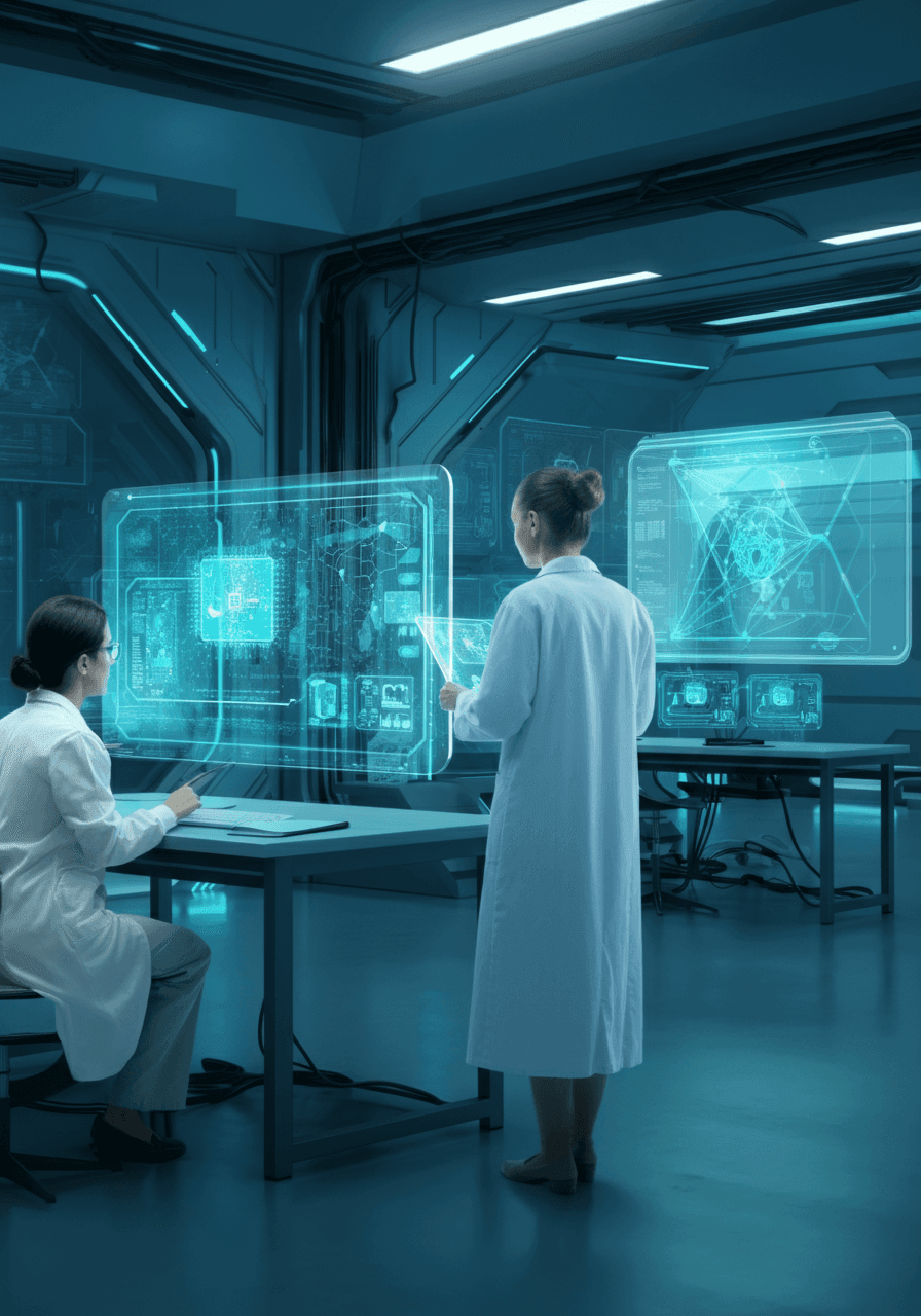 Two scientists in lab coats working with futuristic holographic displays in a high-tech laboratory environment.