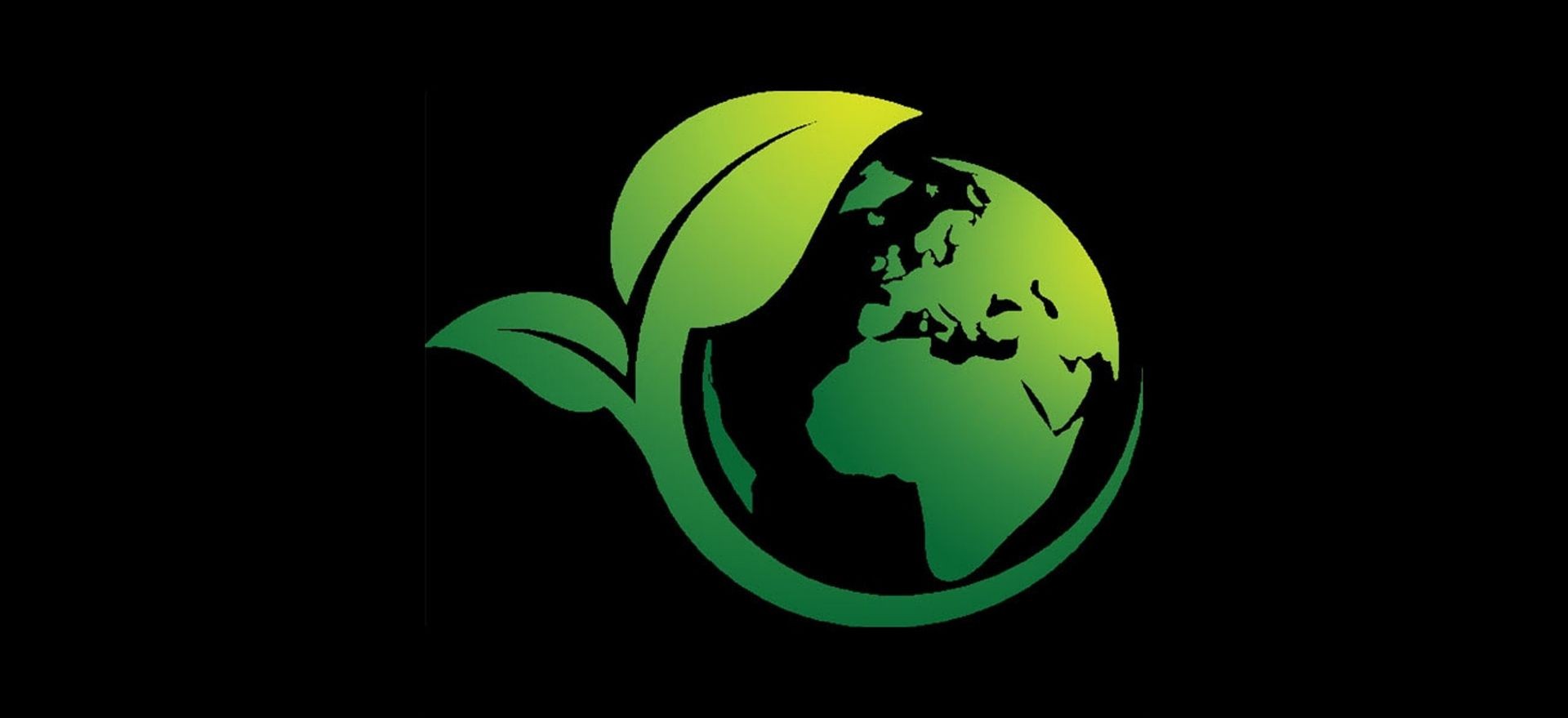 Green and black Earth icon with leaves on a black background.