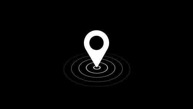 White location pin icon with concentric circles on black background.